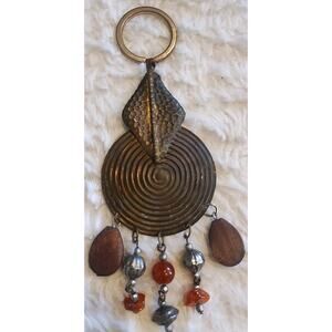 Boho Beaded Bag Charm Pendant Keychain Hammered brass wood glass silver tone